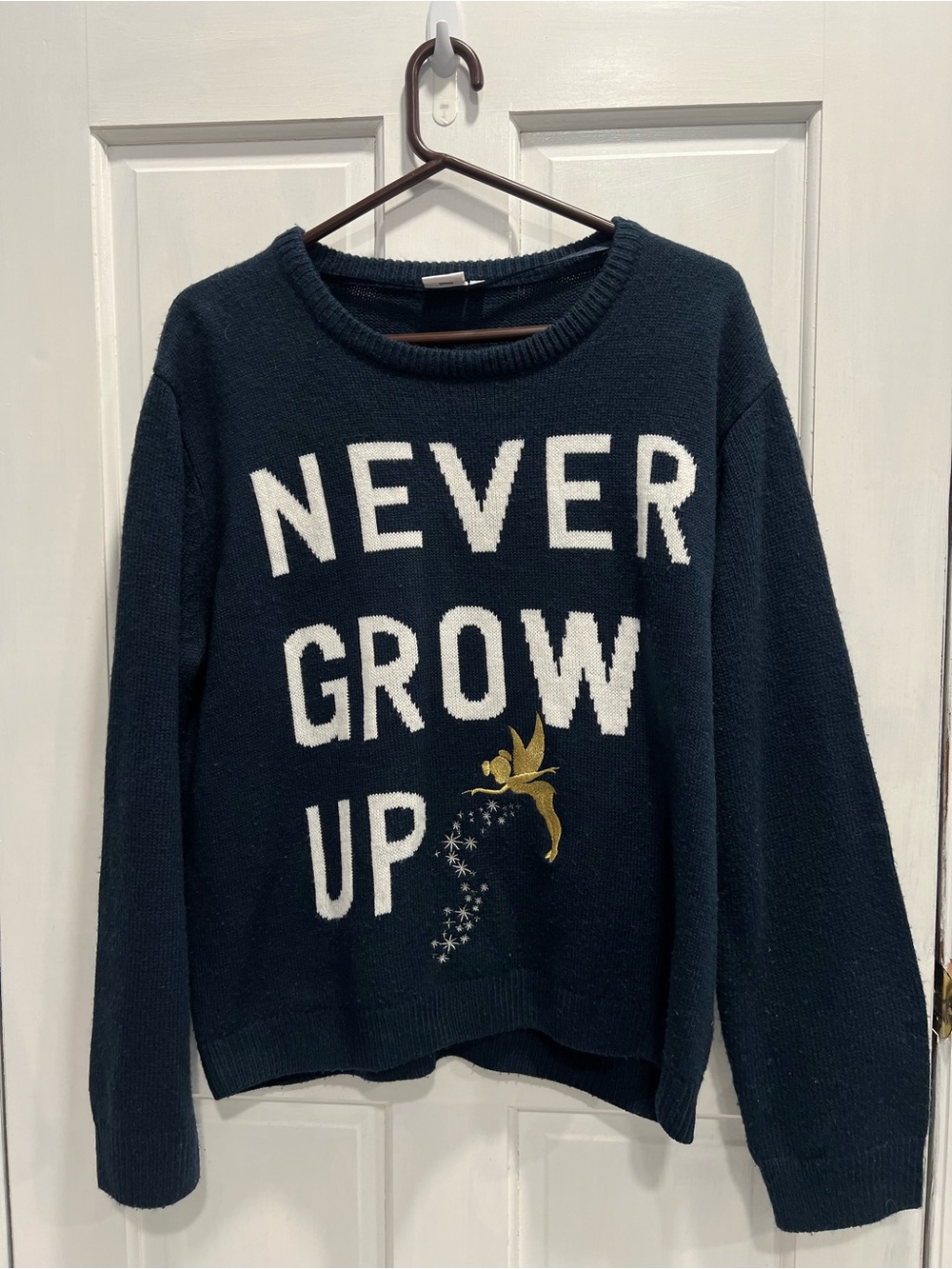 Disney Tinkerbell "Never Grow Up" Blue & White Winter Sweater Size XL Pre Loved